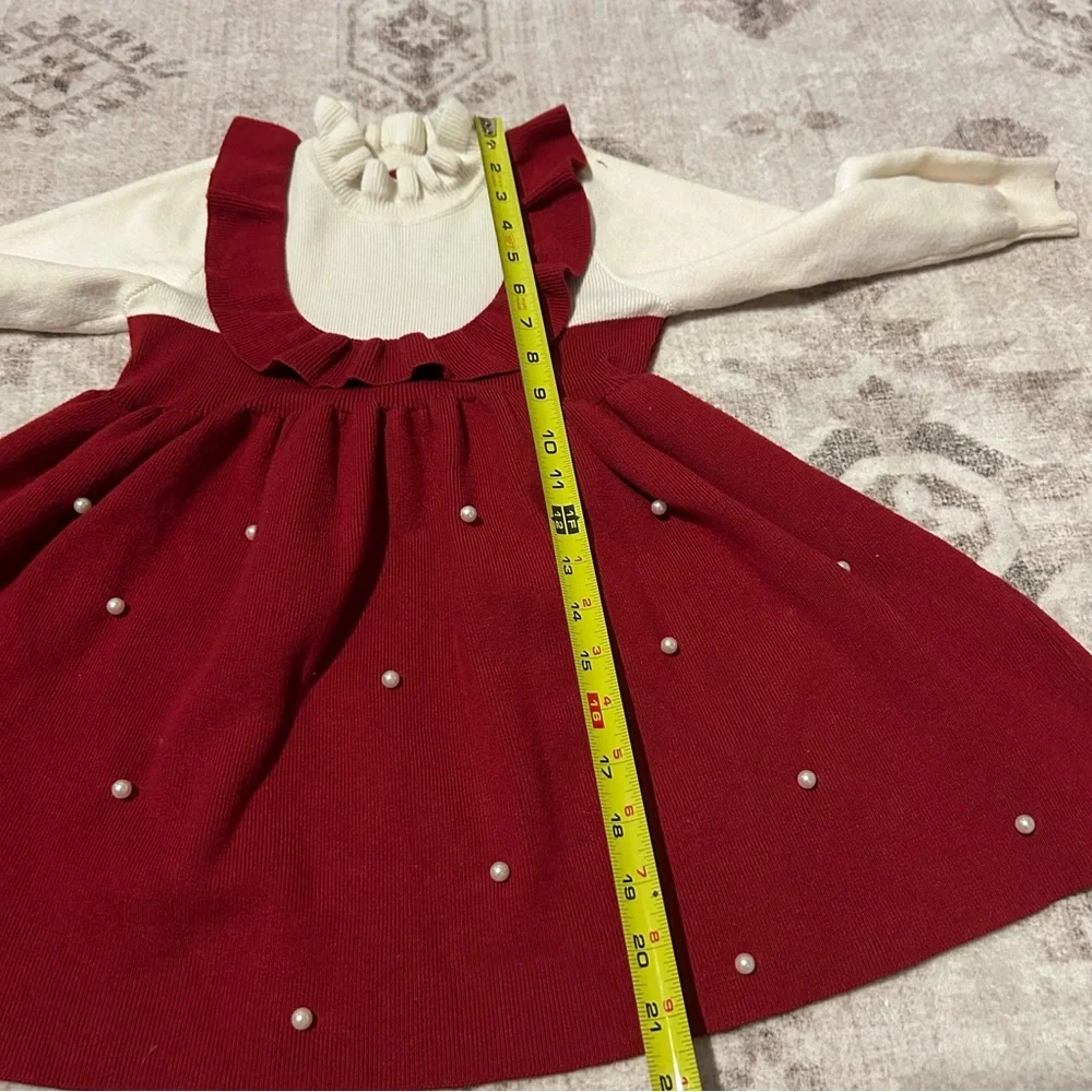 Kids Size 6Y Adorable Red + Cream Dress and Pearl‎ Accents Christmas Holiday